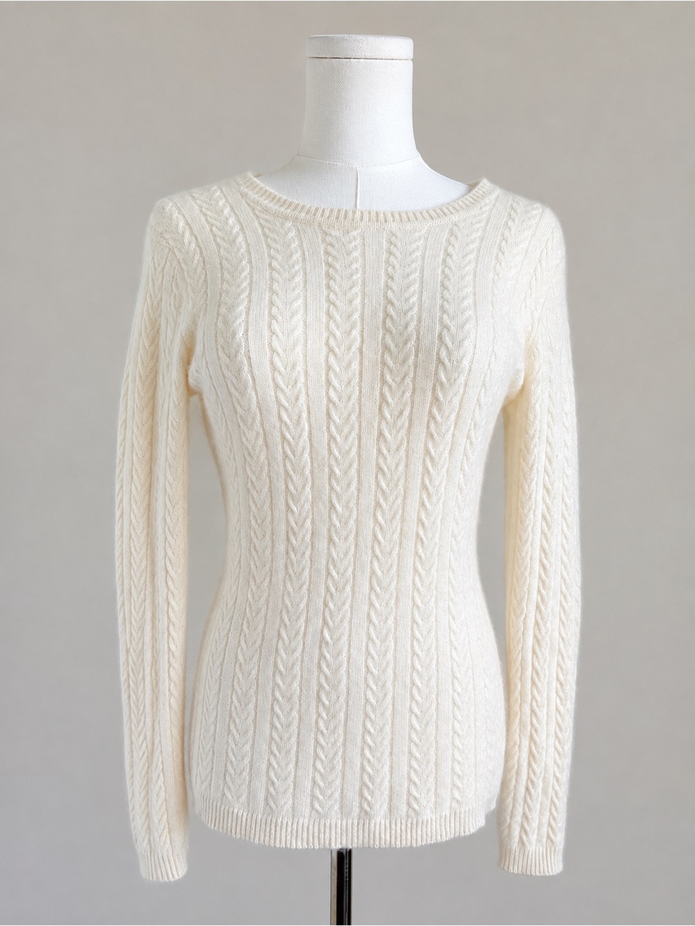 Telluride 100% 2-Ply Cashmere Cable Knit Sweater Ivory Cream M Luxury